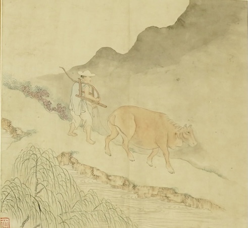 Chinese School , (19th century), Sage and boy, Farmer and ox, and two sages and attendant, Ink and colour on rice paper; three works, 38.5cm x 39.5cm, framed and glazed